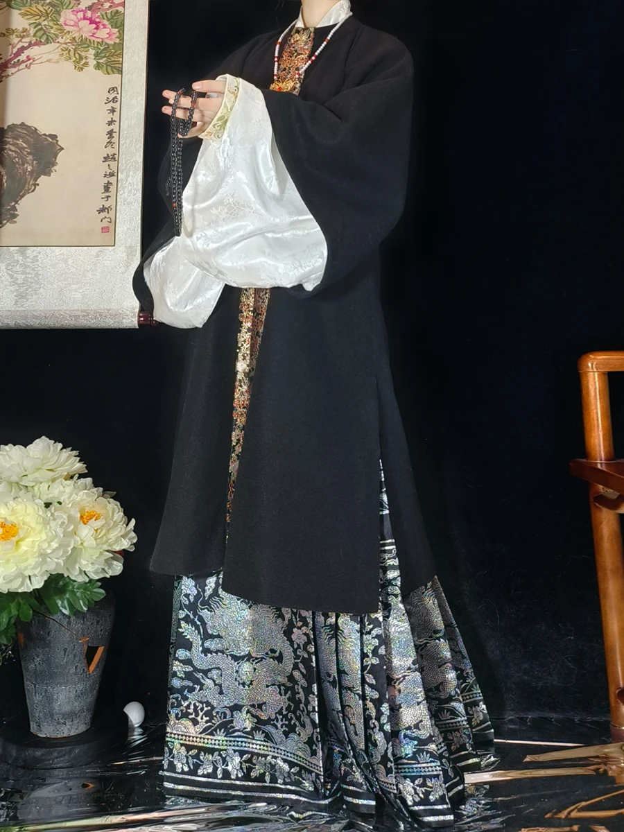 

Drs Hanfu Woolen Coat Fce Lined Bla Tailed Skirt New Year Large Size Winter Warm New Arrival Dragon Pattern