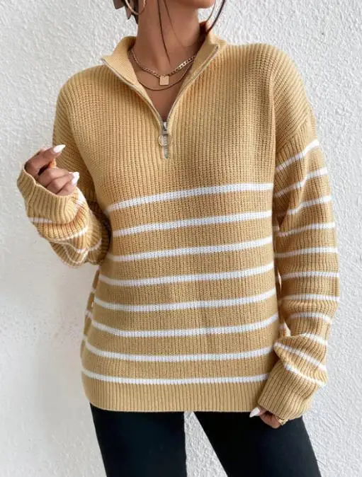 

Женский модный пуловер-свитер с полумолнией в полоску и длинными рукавами, вязаный свободный топ для повседневной одежды