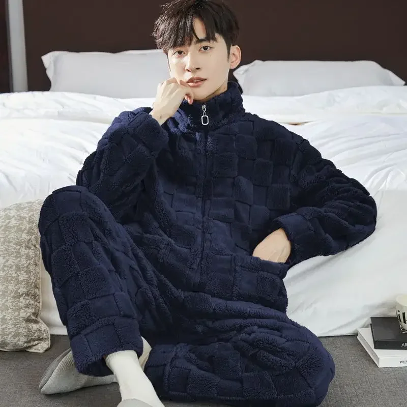 Men\'s Winter Pajamas Set Thicken Flannel Warm Sleepwear Big Size 3XL Zipper Soft Pajama Men pyjama