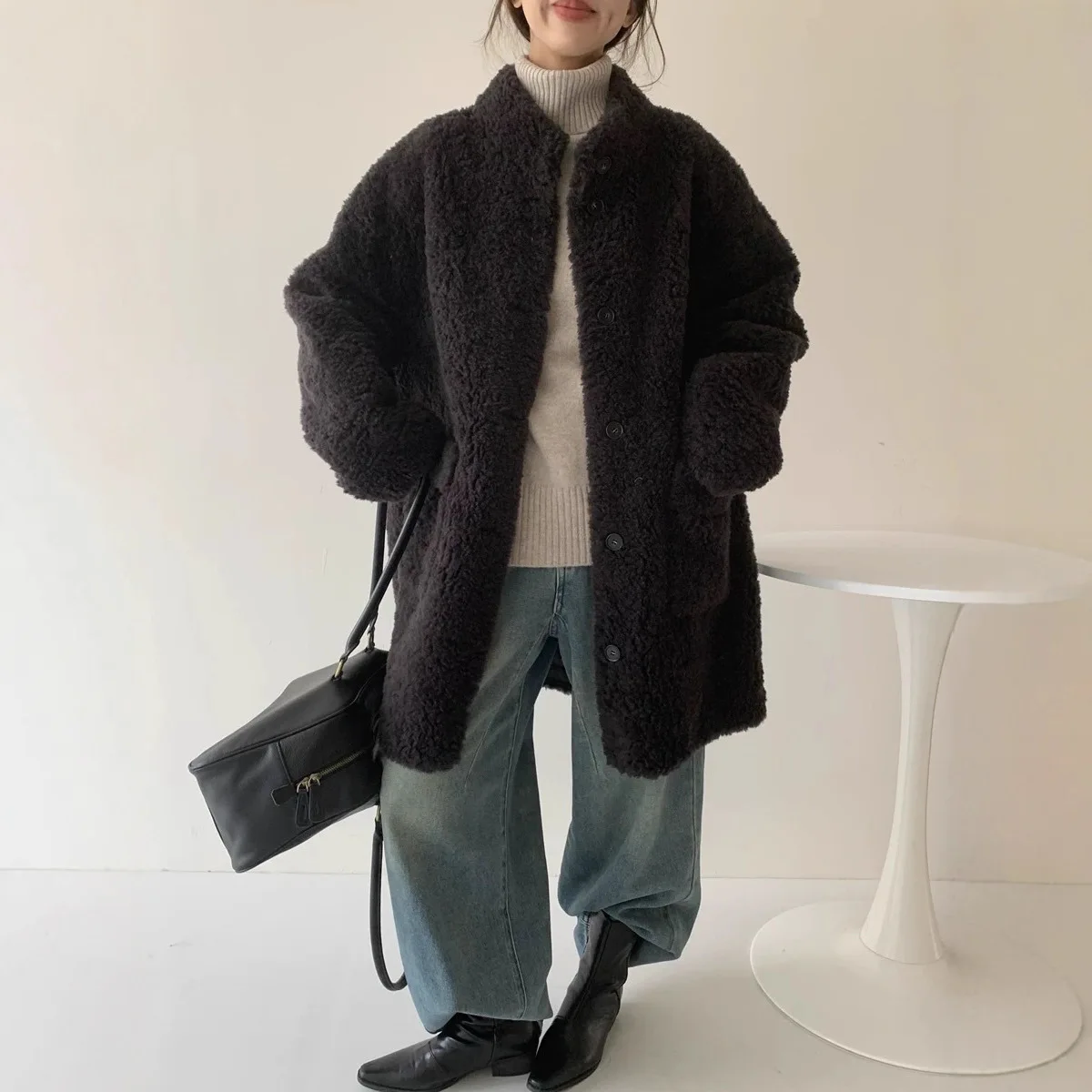 100% Lambhair Casual Style Winter Fur Integrated Fur Coat Women's Standing Collar Medium Long Style