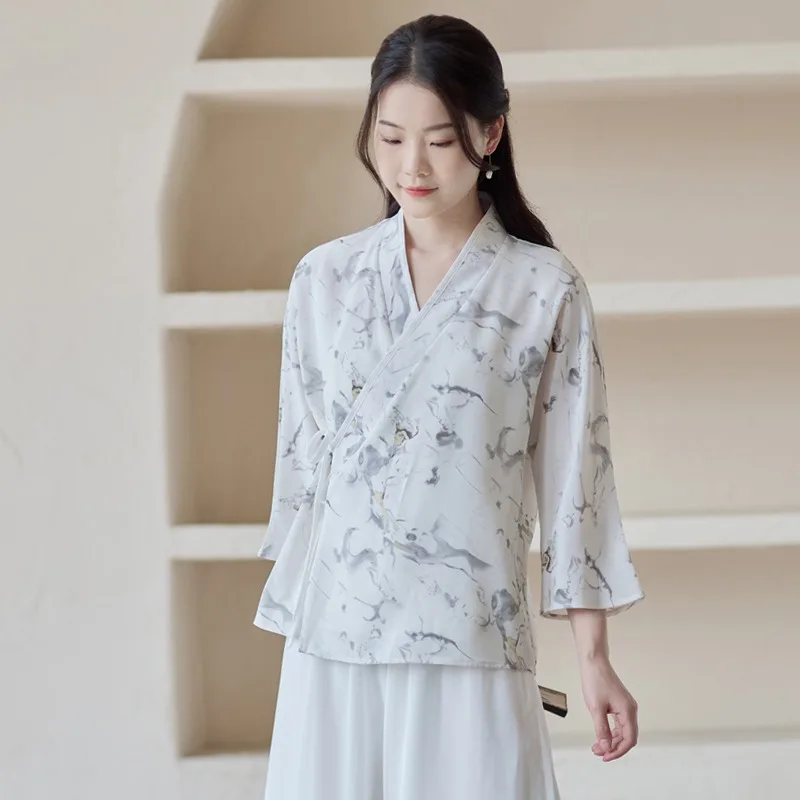 

Элегантная блузка ханьфу, костюм Тан, рубашка, традиционная одежда, весна-лето 2023, новый топ Cheongsam, винтажный повседневный тонкий улучшенный топ