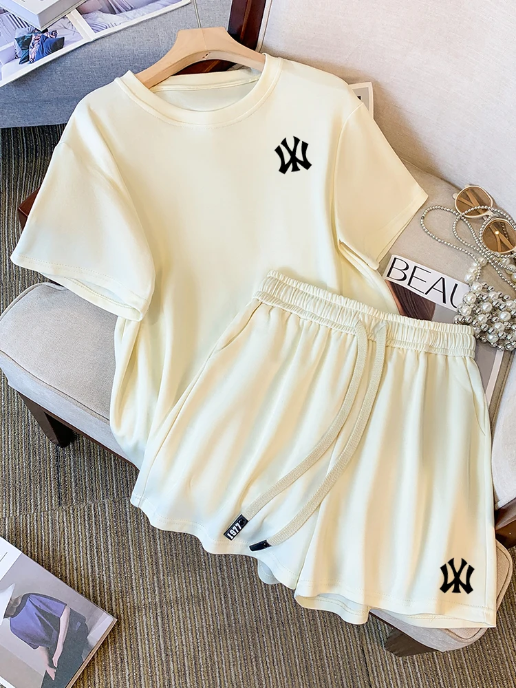 

Conjuntos para mujeres 2 piezas Casual Matching Suit Letter Printing Summer T-Shirt + Wide Leg Shorts O-Neck Sets Short Sleeve