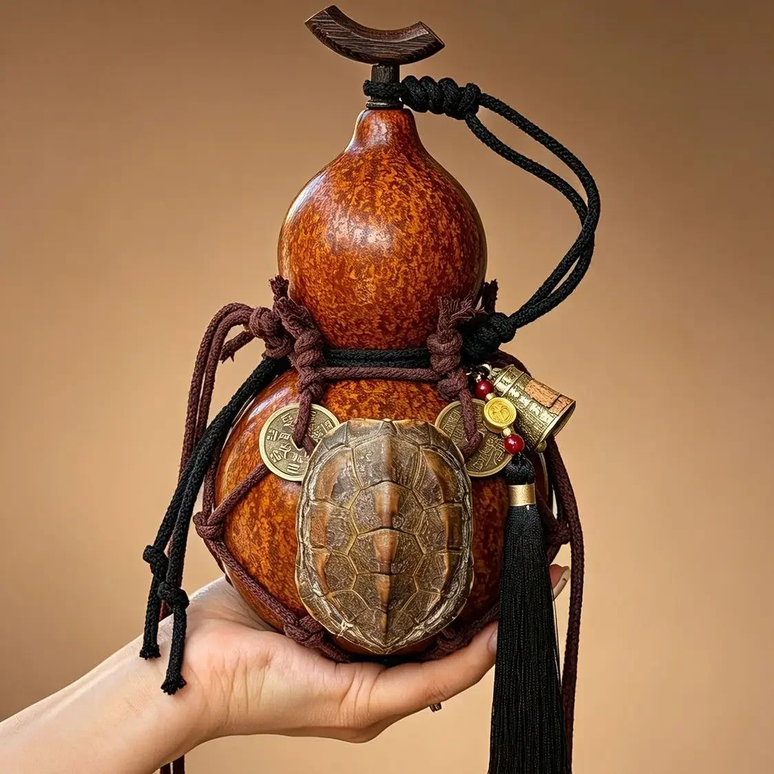 Handmade Natural Gourd Tortoiseshell Flask with Net Pouch, Hot Water Safe, Cosplay Martial Arts Style