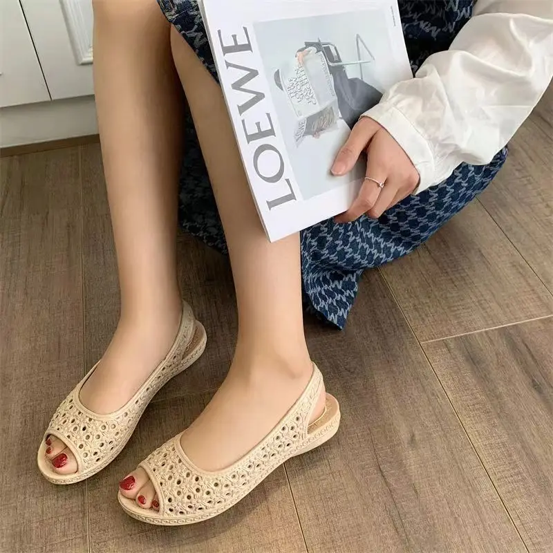 2024 New Women's Summer One Word Hollow Flat Sole Sandals Soft Sole Non Slip Shallow Slip-On Outdoor Beach Sandals Peep Toe Shoe