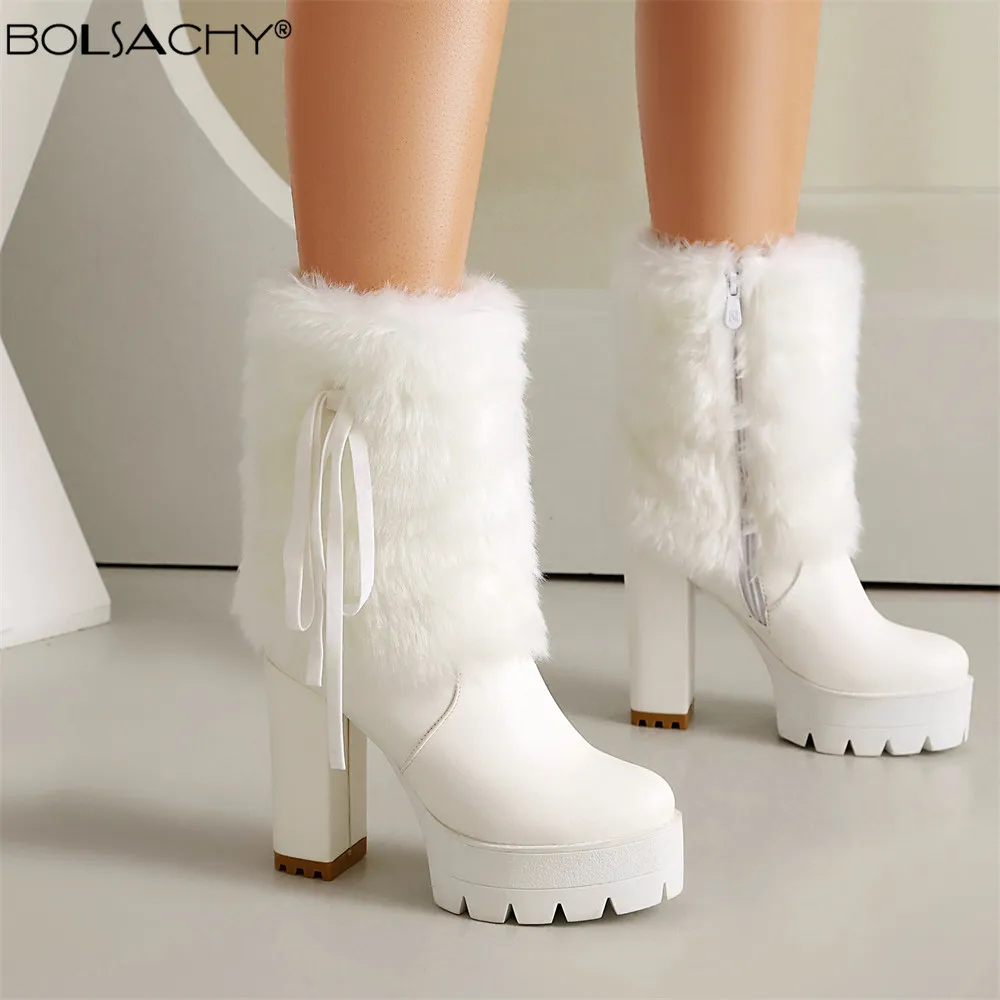 Women's Fur Ankle Boots Platform Shoes Fashion Bow 11CM High Heels White Black Autumn Winter Short Boot Ladies Size 35-50