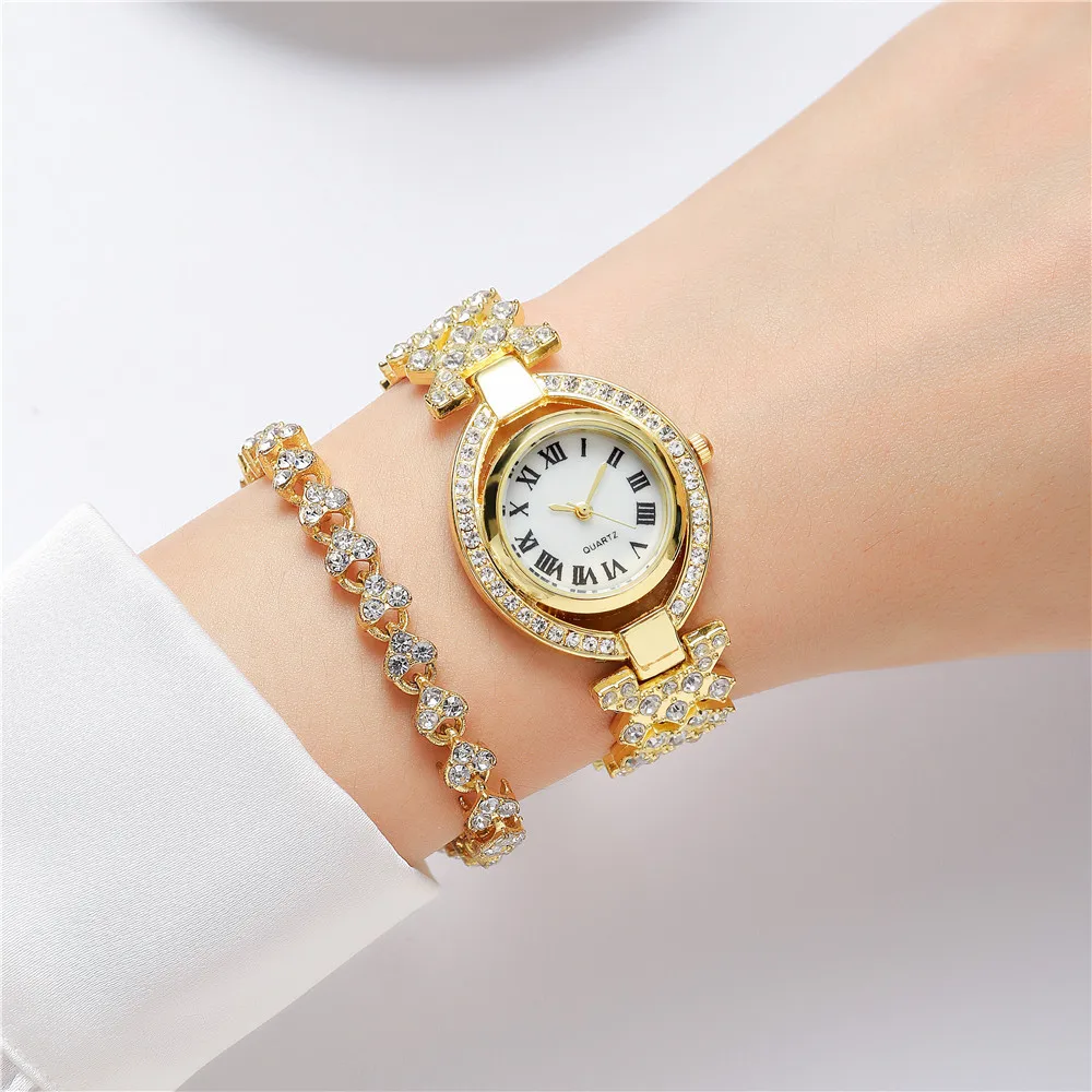 Luxury Temperament Rhinestone Women's Quartz Watch 2023 New Fashion Diamond Encrusted Roman Numerals Ladies Wrist Watch 2 Pcs