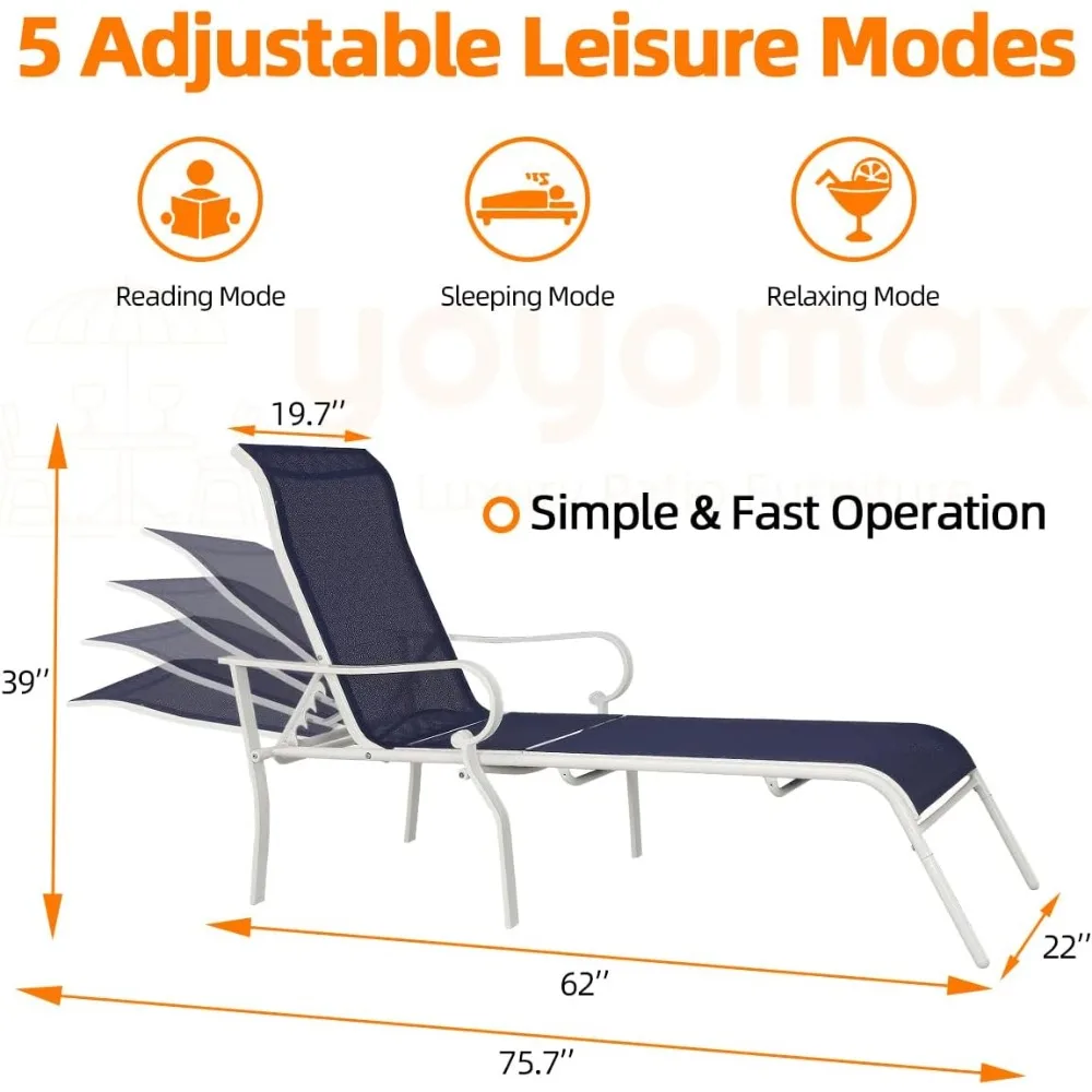 Chaise Lounge Outdoor w/Adjustable Back in 5 Reclining Levels, Sturdy Metal Frame, Sunbathing Chair for Beach, Yard, Balcony