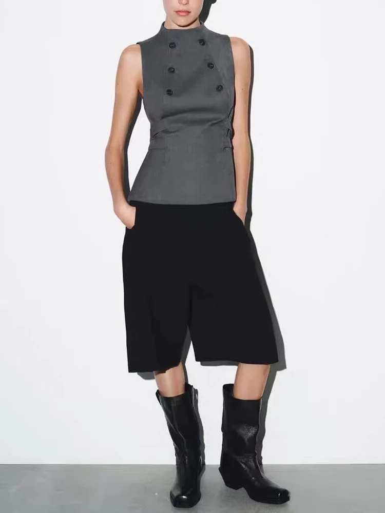 

Новая женская одежда в европейском стиле, модный и универсальный, элегантный облегающий топ без рукавов на пуговицах с высоким воротником.