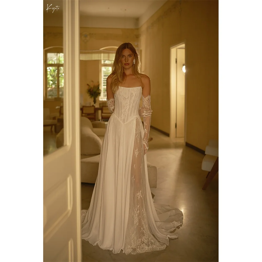 Suknia ślubna bez ramiączek z koronki w kolorze ecru, z wysokim rozcięciem z boku, trenem typu sweep, zapinana na zamek z tyłu, na specjalną zamówienie z Kiotu, vestidos de noiva, formalna suknia wieczorowa 2025