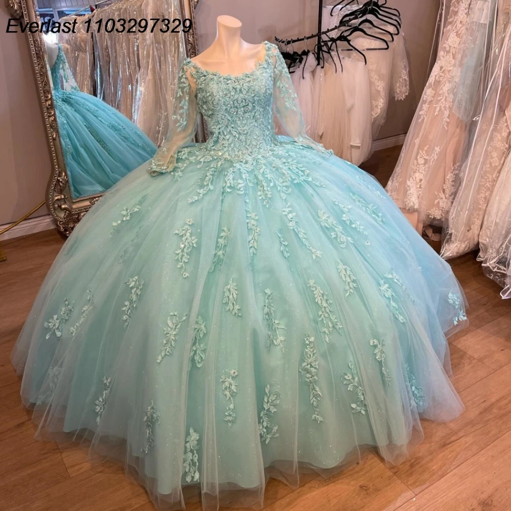 فستان Quinceanera الأخضر النعناع اللامع ، ثوب الكرة ، مزين بالدانتيل ، مشد المكسيك الديكور ، الحلو 16 ، QD1000