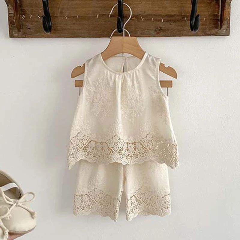 2024 New Summer Korean Style Children Clothes Suit Sleeveless Cotton Embroidered Vest+Pants Infant Baby Girls Clothing Set