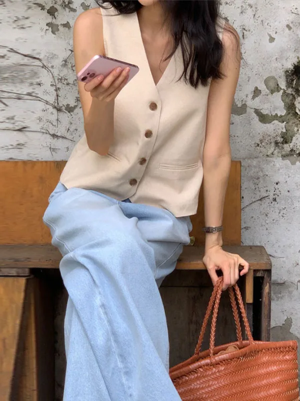 

Faionable Retro ort Suit Vest Women's Button-Up Slimming Top Korean Sle Versatile V-Ne Single-Button ket Design