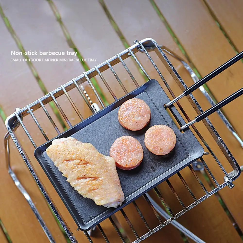 Camping Frying Pan Outdoor Rectangular Non Stick Barbecue Plate Small Iron Plate BBQ Meat Plate Camping Portable Frying Plate