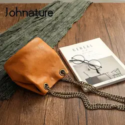 Johnature Simple Women Bucket Bag Genuine Leather 2024 New Vintage Nature Soft Cowhide Chain Shoulder & Crossbody Bags