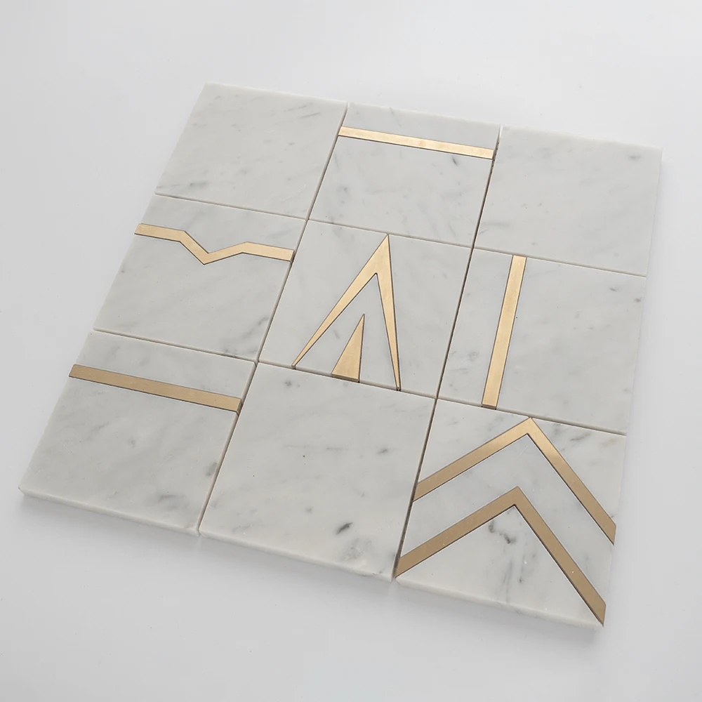

Water jet mosaic high quality geometric white marble brass mosaic wall tiles suitable for luxury villa decoration