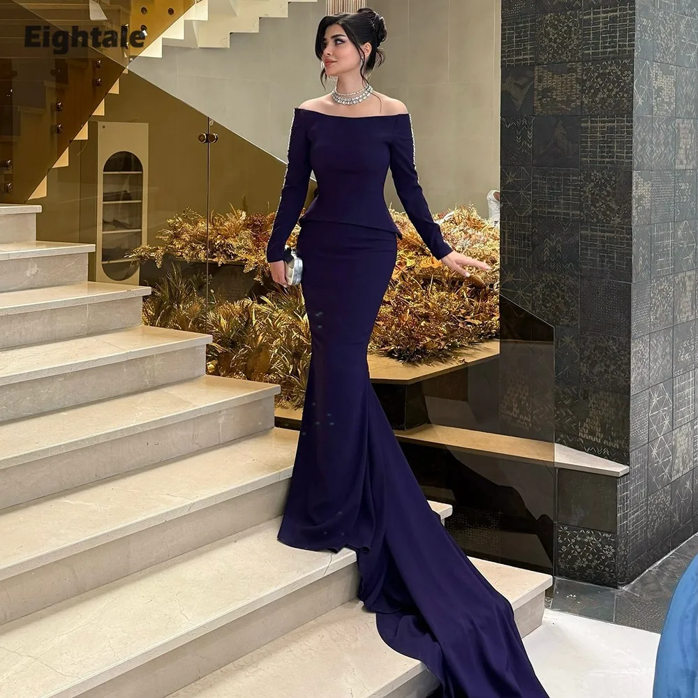 

Eightale Evening Dress Scoop Prom Gown Customized Long Sleeves Beaded Wedding Party Dress Mermaid Robes De Soirée