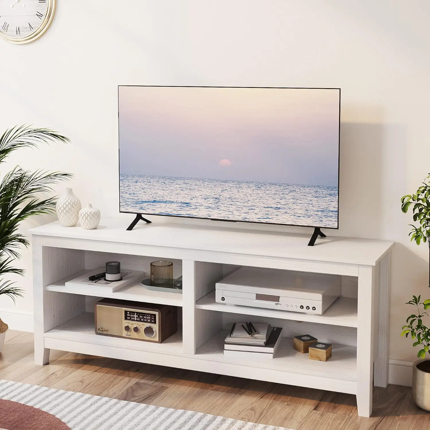 

Modern White Wood TV Stand for 50-65 Inch TVs with 4 Open Shelves 55W x 15D x 22.8H Inches