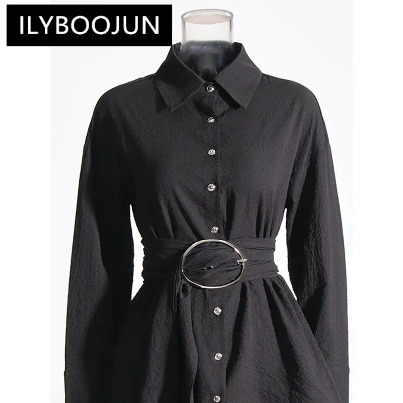 ILYBOOJUN Solid Patchwork Belt Blouse For Women Lapel Long Sleeve High Waist Spliced Single Breasted Casual Shirts Female New