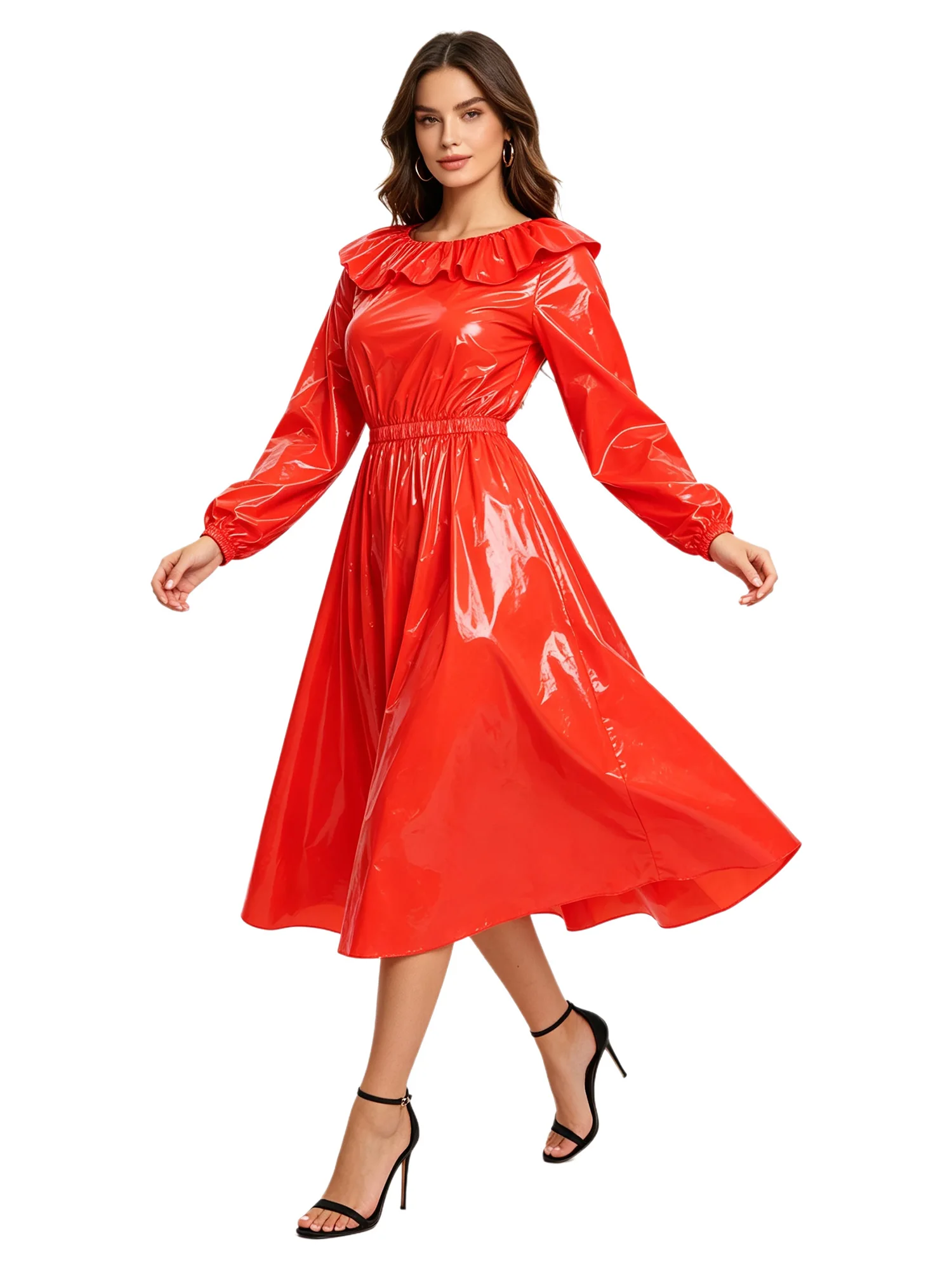 Wasserdichtes Vinyl-Kleid für Damen mit Rundhalsausschnitt, Rüschenbesatz, langen Ärmeln, Taillenbund und ausgestelltem Saum, Midi-Kleid für Clubwear und Rave-Partys