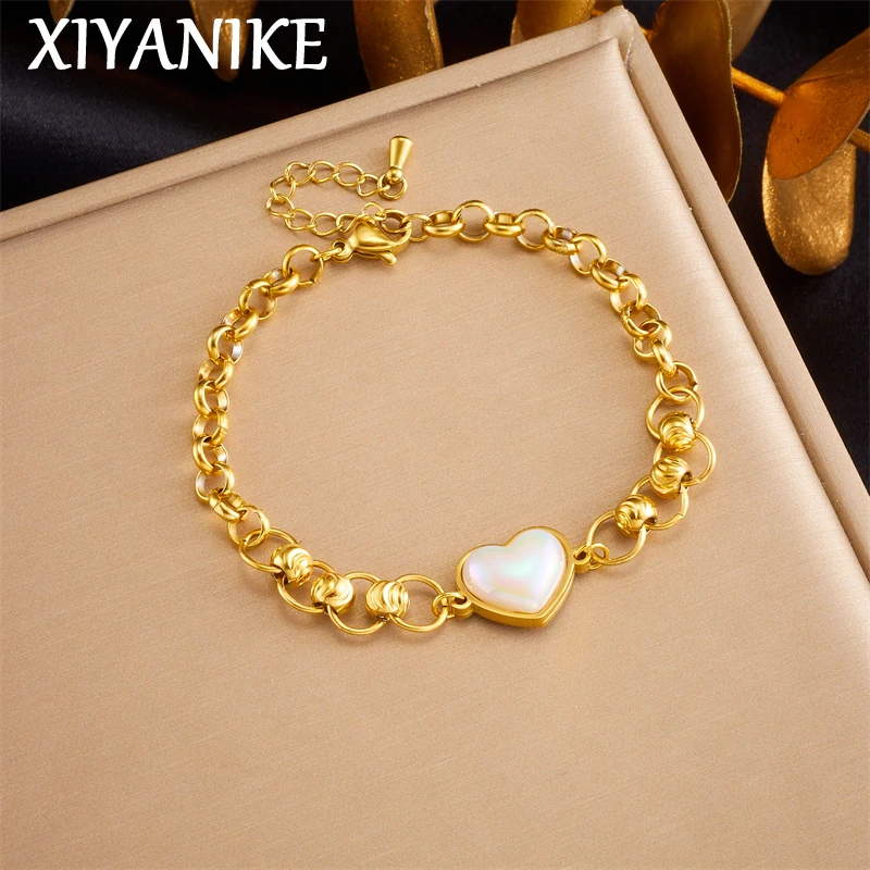 XIYANIKE 316L Stainless Steel White Heart Charm Bracelet for Women Girls Fashion Gold Color Beads Chain Jewelry Gifts Pulseras