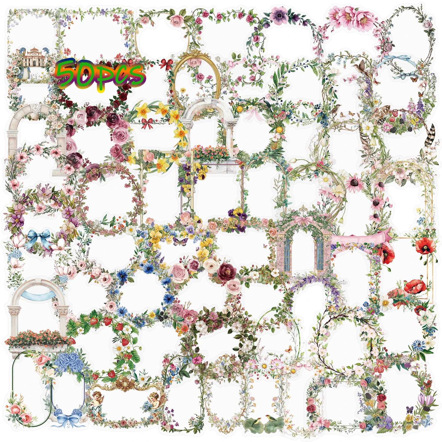 50pcsAesthetic Vintage Floral Frame Transparent Stickers, Romantic Flower Wreath Border Decals for Journal Scrapbooking DIY Craf