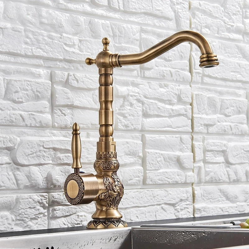 

Антикварный латунный смеситель для раковины, длинный носик, цветок, резной смеситель для раковины, вращение на 360°, смеситель с одной ручкой Torneiras