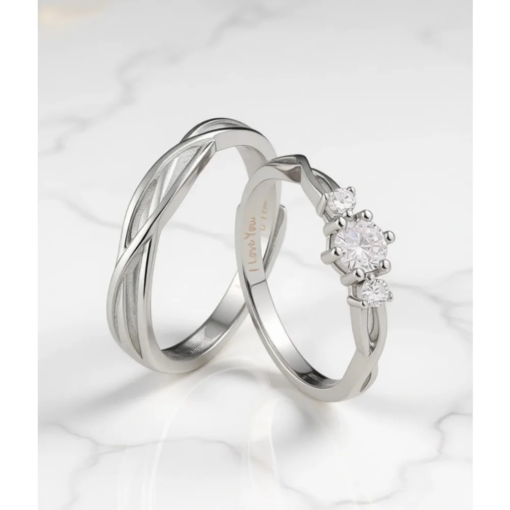 

Парные регулируемые обручальные кольца для него и для нее из стерлингового серебра с фианитами