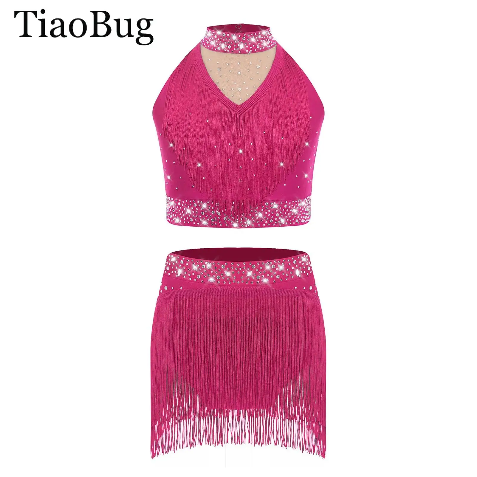 

Girls Latin Jazz Dance Outfit Sparkly Sequins Tank Tops Dance Vest with Dance Bottoms Set Sequins Fringe Performance Dancewea