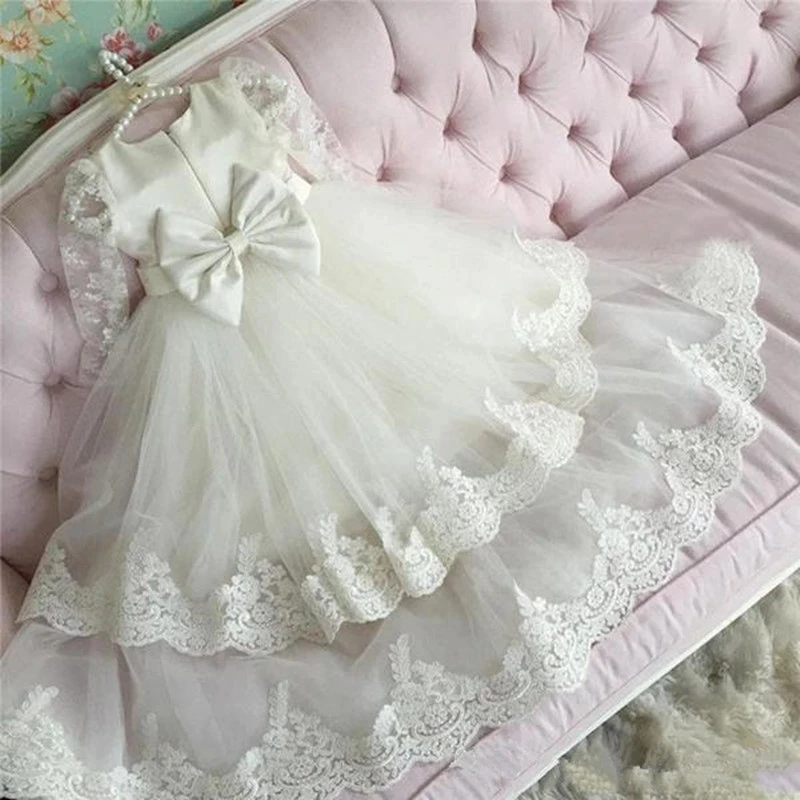 Ivory Sheer Long Sleeve Flower Girl Dresses for Wedding Party Dress Jewel Lace Girls Tiered Skirt Birthday Gown