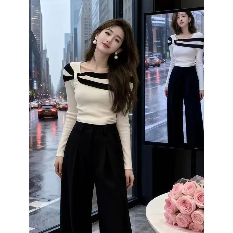 

Модный полосатый вязаный свитер в нерегулярную полоску, женский тонкий повседневный пуловер с длинными рукавами, джемпер