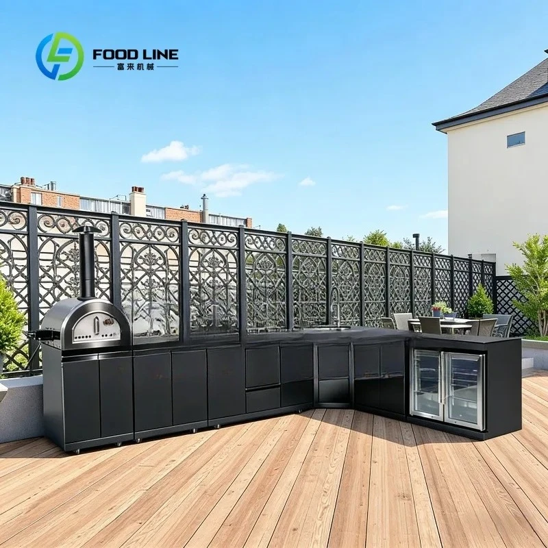 Outdoor Kitchen Island Grill Customized Full Kitchen Cabinets L Shape Outdoor Kitchen Black Stainless Steel BBQ Cabinet Custom