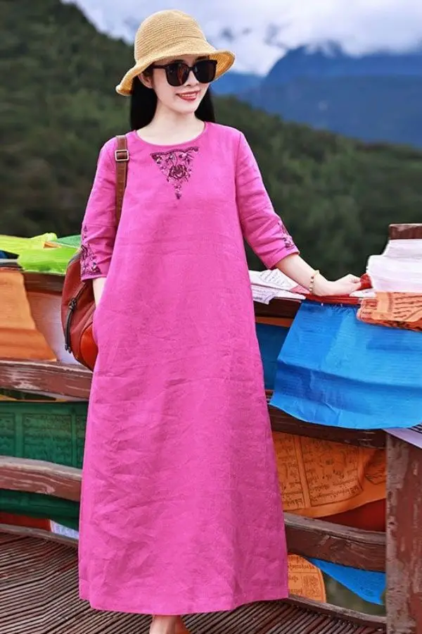 

2025 new pure color cotton linen chinese style robe vintage loose leisure travel dress fashionable embroidry women daily dress