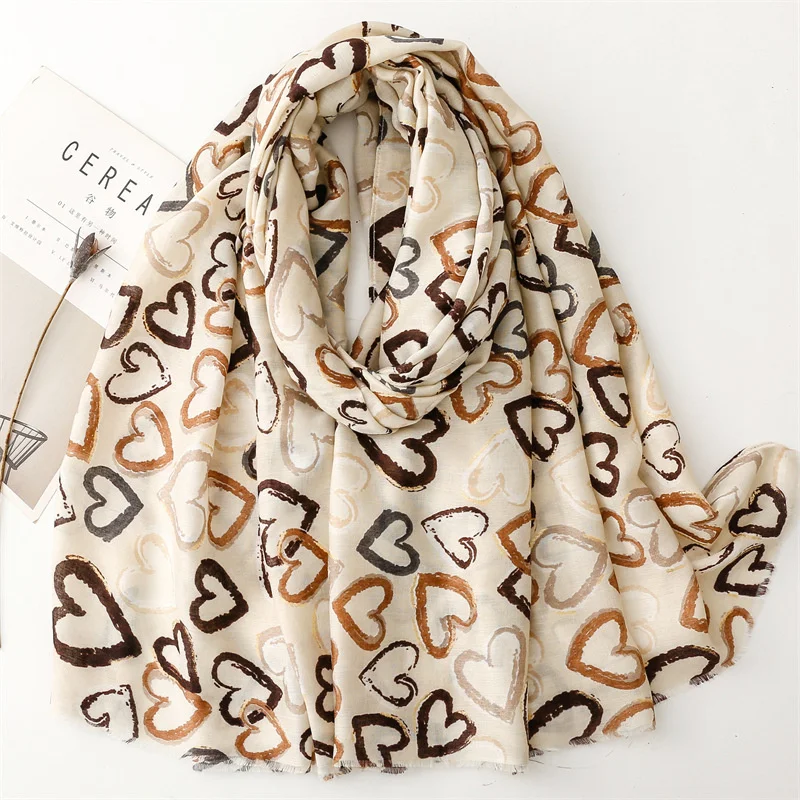 90*180cm Luxury Loving Heart Designer Print Women Long Scarf Ventila Cotton Linen Shawl Lady Tassel Muslim Hijab Wrap