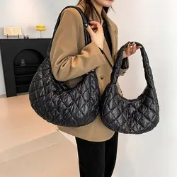 Fashion Women Large Capacity Quilted Tote Bags Down Cotton Padded Shoulder Bags Girls Underarm Bags Puffy Handbags