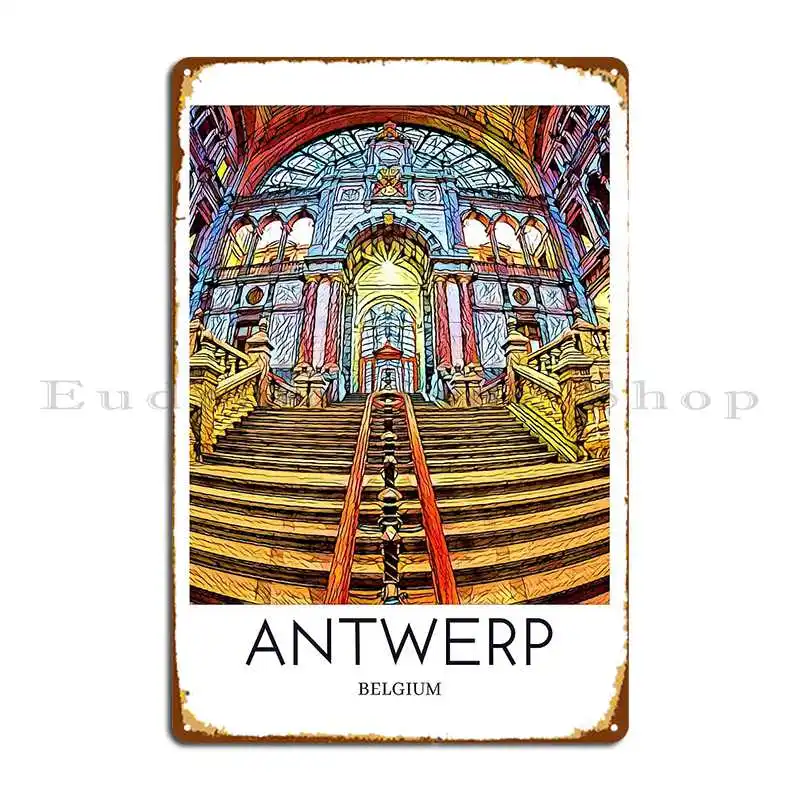 A Pop Art Travel Print Of Antwerp Belgium Metal Sign Poster Wall Decor Printing Garage Living Room Living Room Tin Sign Poster