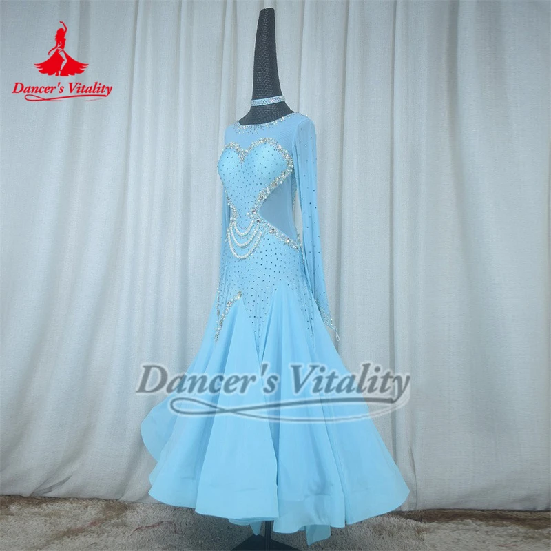 Adulto luz azul ab pedras pérola decoração mangas compridas dança de salão vestidos de competição profissional high-end personalizar