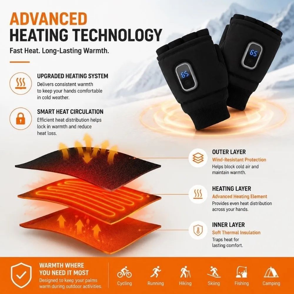 1Pair Fingerless Heating Gloves Thermal 3-speed Adjustable Electric Heated Gloves Temperature Contro USB Rechargeable