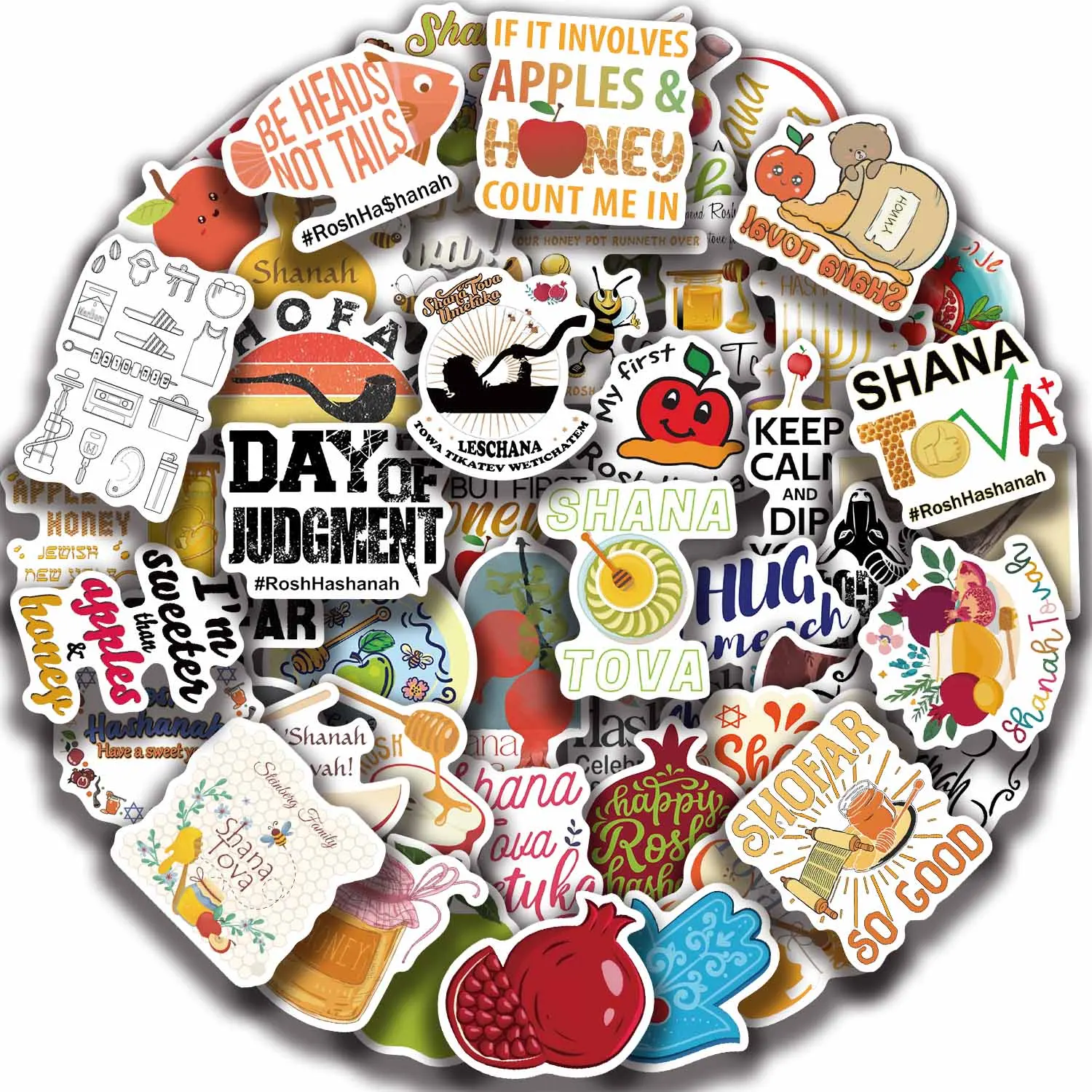 50 STKS Rosh Hashanah Stickers Kleurrijke Graffiti Stickers voor laptops, mobiele telefoons en bagagedecoratie