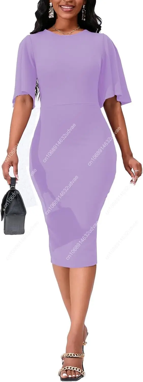 Womens Bodycon Ruffle Flared Short Sleeve Work Midi Dress Business Office Casual Pencil Dress