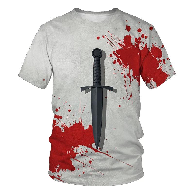 Personalized White T-shirt Man Injured Blood Pattern Men Short Sleeve Punk Heavy Metal Style Clothing O-Neck Oversized T shirts