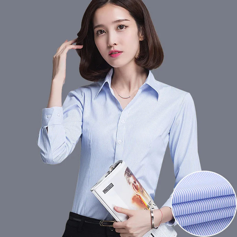 

Korean Style Women Blue Striped Shirts Elegant Long Sleeve Formal Office Lady Shirt Fashion Slim Button-Up OL Work Blouses Tops