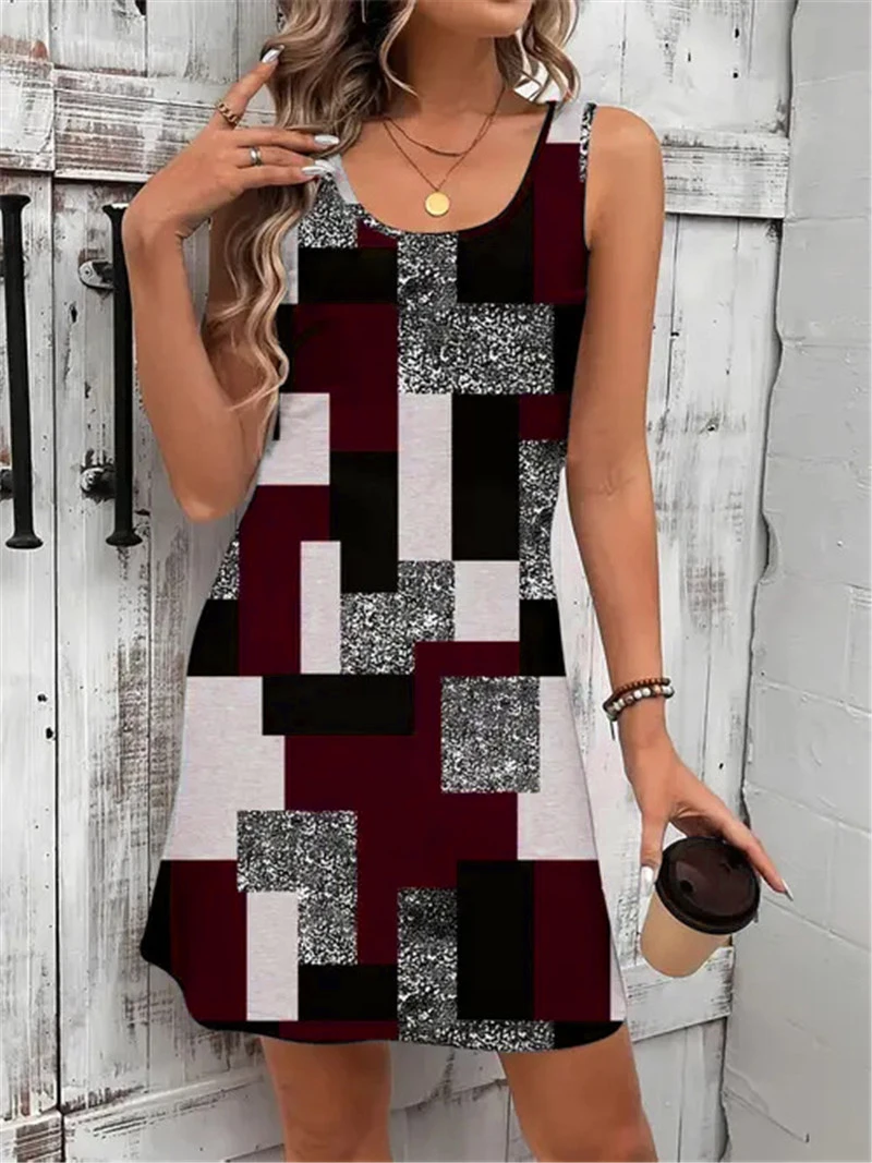 Fashion Sleeveless Plaid Pattern Women Mini Dresses Summer 3D Printed Street Ladies Dress 3XL Plus Size Beach Casual Dress