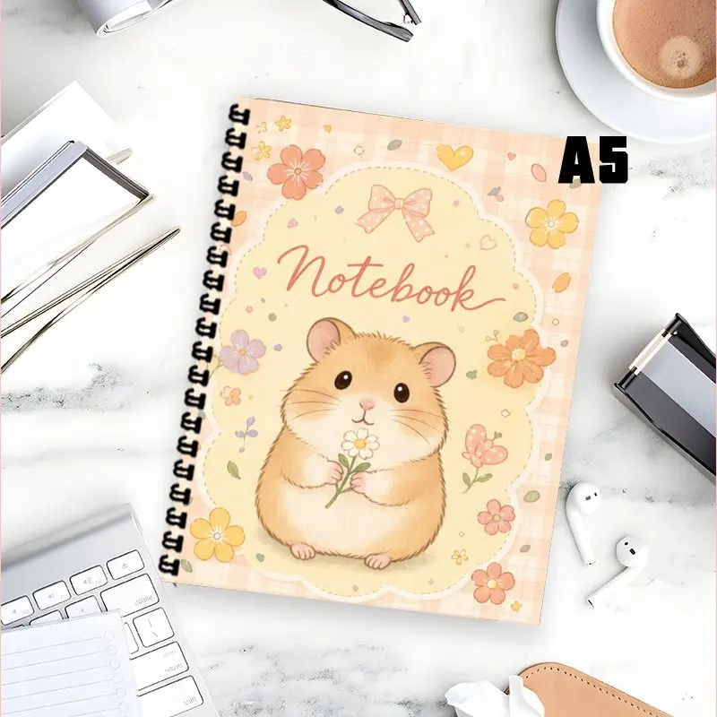 A5 Spiral Notebook, Cute Hamster Floral Pattern Cover Journaling Notebook Suitable for Work, Meeting Notes, To Do List Planning