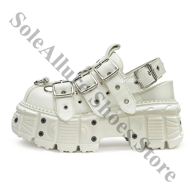Multi Metal Buckle Chunky Platform Sandals Thick Deep Treaded Anti Slip Base Lug Sole Shoes Matte White Closed Toe Wrapped Upper