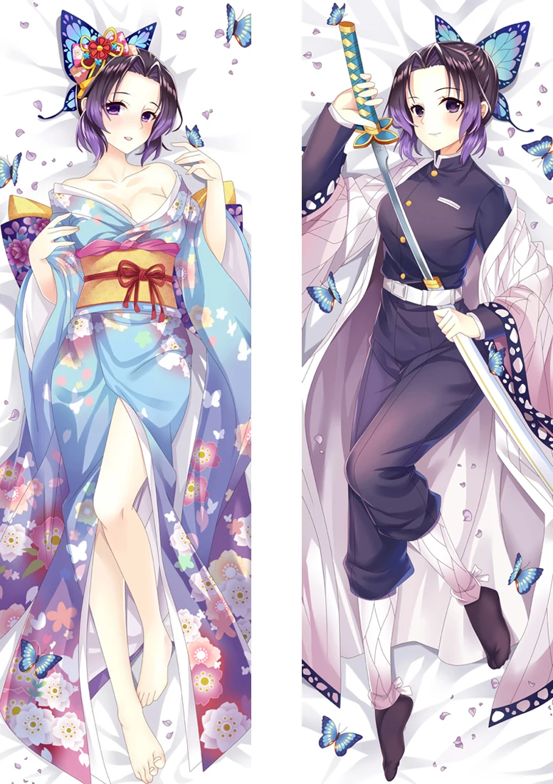 Anime Purple Hair Butterfly Hairstyle Girl Kimono And Uniform Sword Dakimakura Pillowcase Double Sided Long Body Pillow Cover