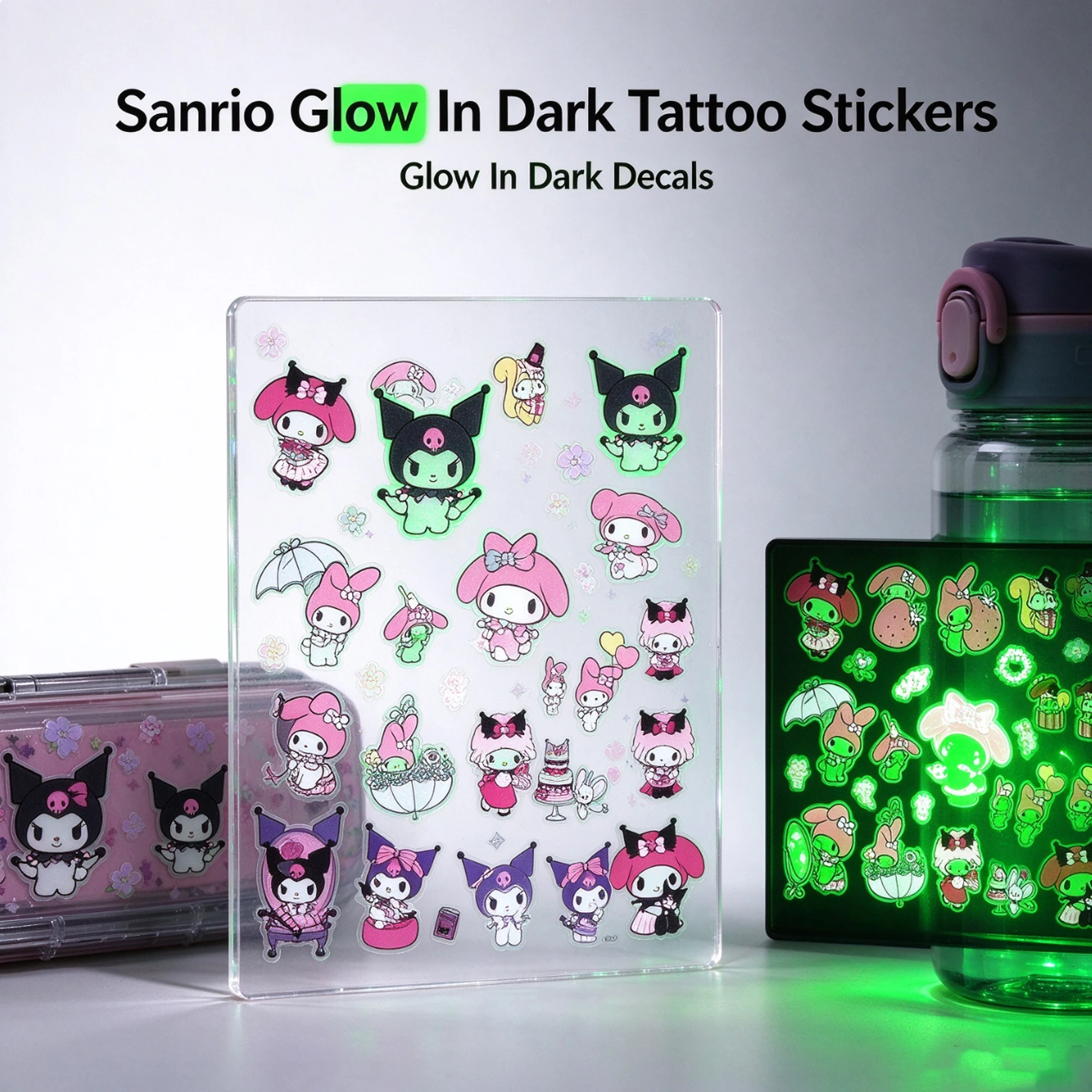 Sanrio Luminous Temporary Tattoo Stickers, Glow In Dark, Cute Cartoon Decals For Skin, Water Bottle, Kids Party Decor