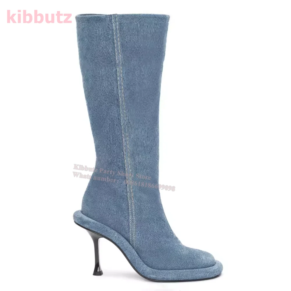 Bumper Tube Ankle Boots Genuine Leather Solid Blue Suede Slip-On Round Toe Thin Heel Fashion Sexy Concise Women Shoes 2023 New