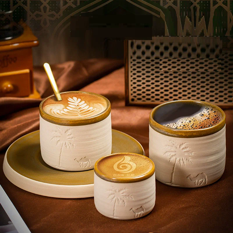 Middle Eastern Stoneware Espresso Cup - Hand-Painted Camel Ceramic Mug, lion Desert Souvenir Gift Design