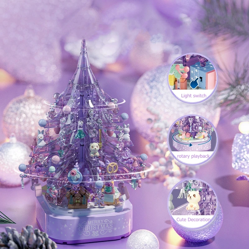SEMBO-construcción del árbol de Navidad para niños, 729 piezas, cristal púrpura, ensamblaje de modelos, bloques de construcción, luces, caja de música, decoración del hogar, regalos para niñas, juguete