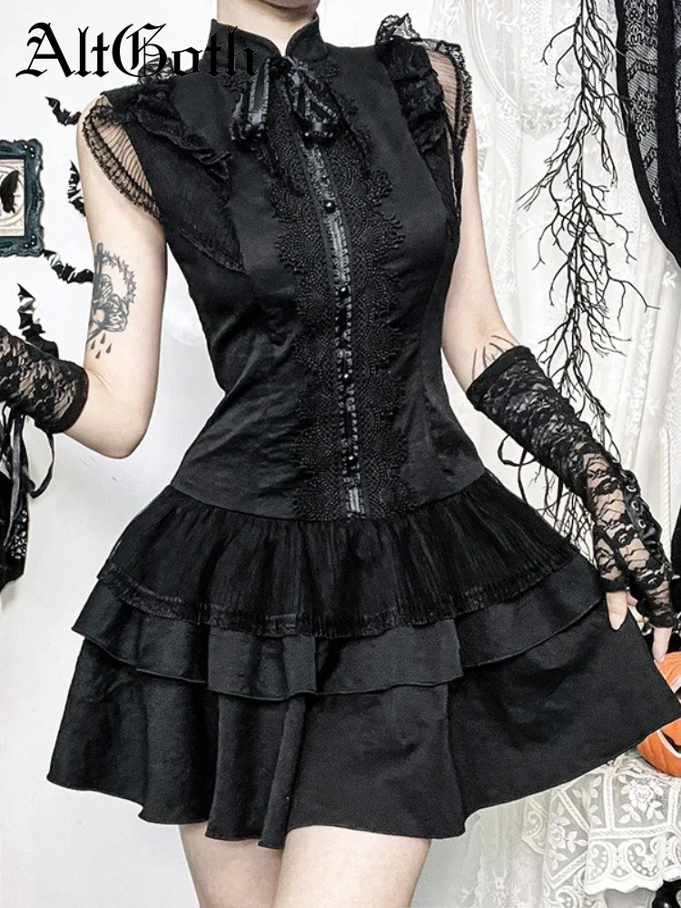 AltGoth Mall Goth Lolita Shirt Dress Women Dark Aesthetic Lace Patchwork Sleeveless High Waist Dress Hotsweet Y2k Rave Outfits